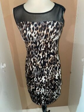 En Focus Studio Leopard-Print Mini Dress with Black Mesh Yoke